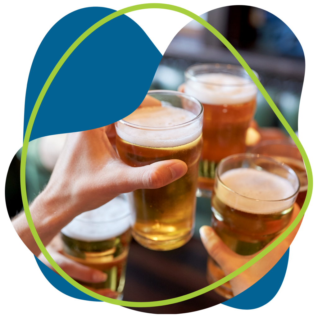 A picture of a people bringing pints of lager together to cheers on a shape with Capify colours in it