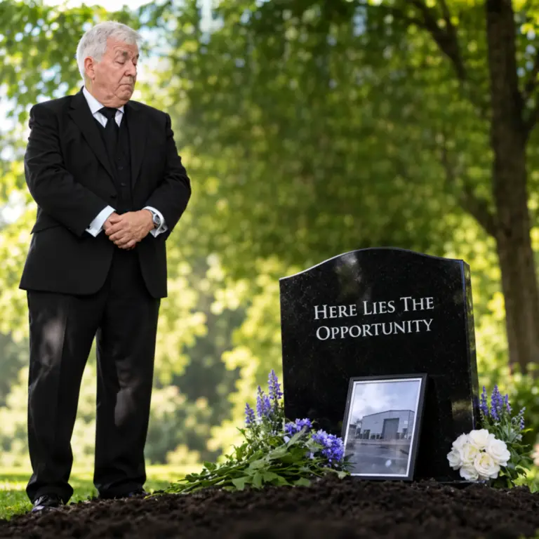 A businessman stands solemnly at a gravestone inscribed "Here Lies The Opportunity" – symbolising the cost of slow business funding. Capify helps UK SMEs secure fast business loans so they never miss a critical opportunity.