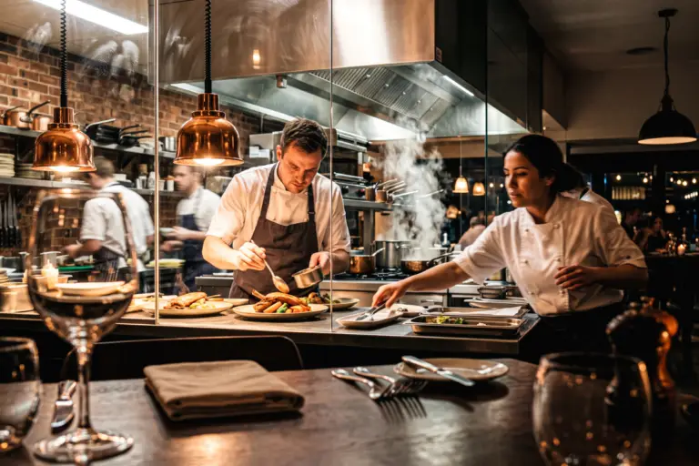 A picture of a restaurant kitchen with chefs working to make food